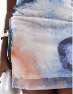 mesh cami mini dress with cross back in blue marble print