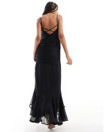 ruched front high low frill maxi dress in black