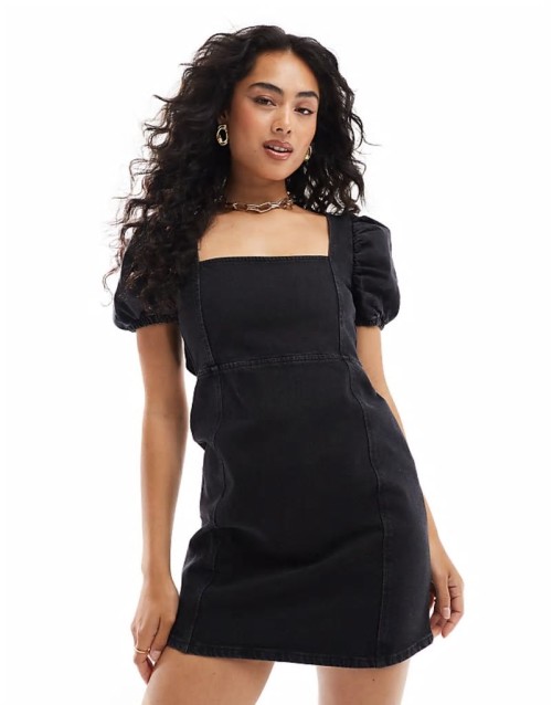 denim mini dress with puff sves in black